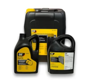 A 5L bottle of DEO engine oil, a 5L bottle of CAT extended life coolant (ELC), and a larger tub of CAT ELC.