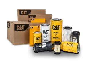CAT spare parts including filters, engine pumps, and CAT branded boxes.