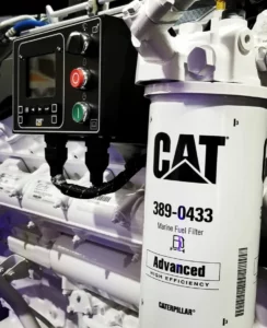 Marine fuel filter for CAT engine installed on superyacht.